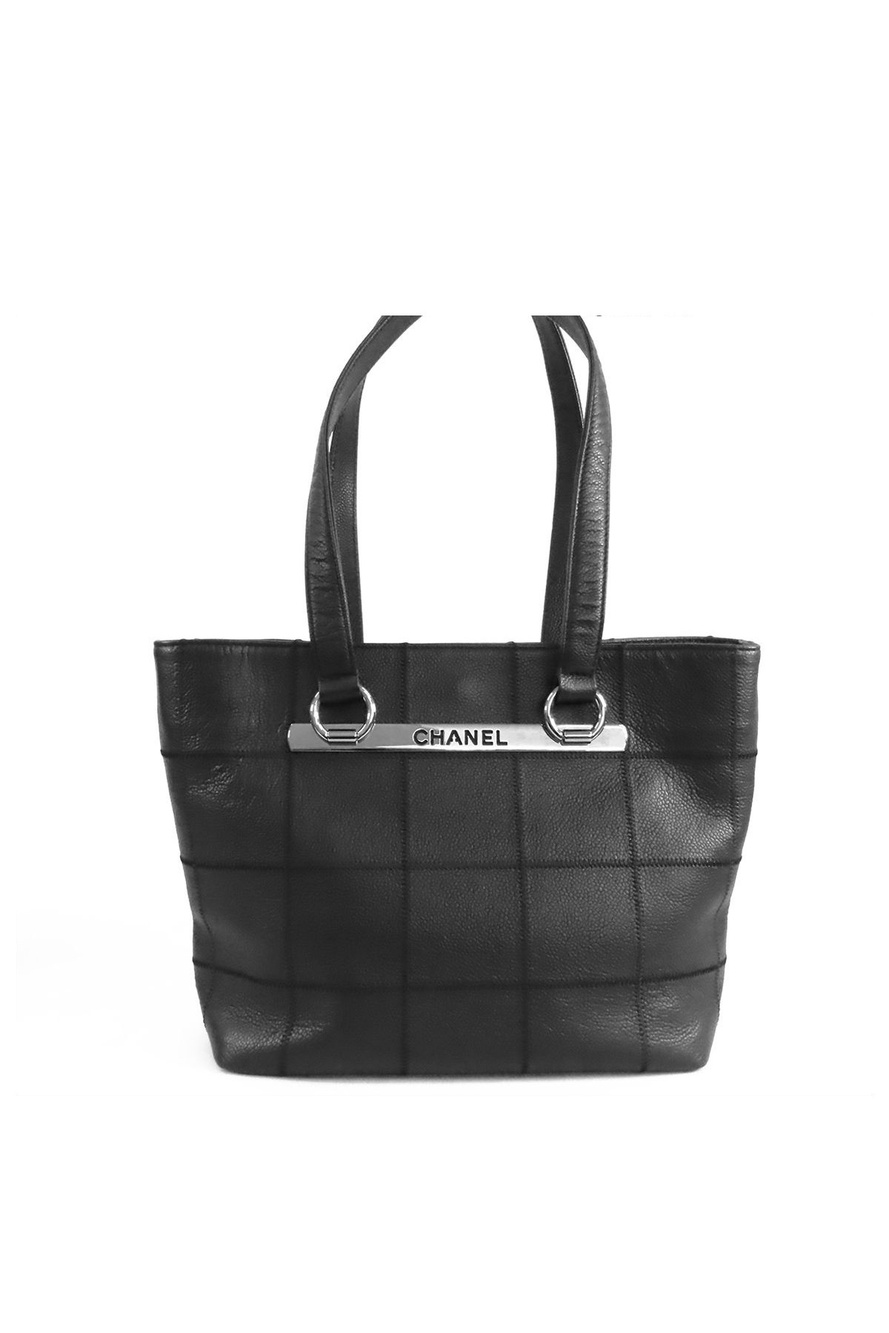 Chanel Choco Bar Tote Black Silver Caviar Leather Logo Plate Shoulder Bag